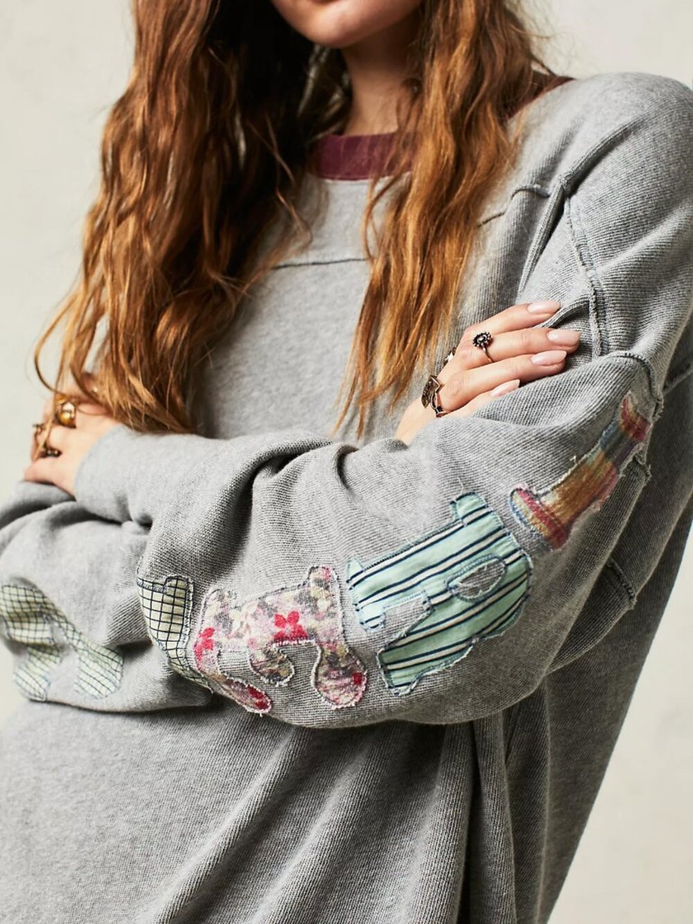 ☀️ We The Free Free People Grey Mixed Patchwork Elbow Slouchy Free Tee M NWOT